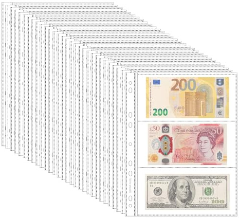 150 Pockets Archival Banknote Pages – 50 Sheets Acid-Free Currency Protector Sleeves for Bills, Stamps, Coupons IN02050 (Transparent, 50 Sheets(3 Pockets/Sheet))
