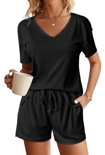 NLAND Tuta Corta Ampia da Donna 2 Pezzi Tute da Tempo Estiva Casa T-Shirt Manica Corta e Pantaloncini Tuta Sportiva Moda Scollo a V Sports Suit,Nero M