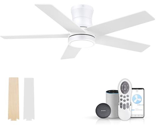 42Inch Smart Low Profile Ceiling Fan with Lights Remote,Controll by Voice WIFi Alexa App,Quiet DC Motor,Dimmable,Modern White Wood Fan for Bedroom Patio Porch,Outdoor Indoor Flush Mount Ceiling Fans