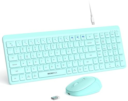 Ensemble clavier et souris sans fil bleu sarcelle pour ordinateur de bureau, Mac, iPad, Bluetooth, 2,4 GHz, rechargeable, clic fin, silencieux, avec pavé numérique, compatible avec PC, ordinateur
