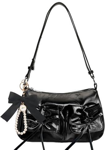 JeVenis Borsa a tracolla da donna, borsa hobo alla moda Y2K pochette in pelle verniciata carino fiocco borsa, Nero