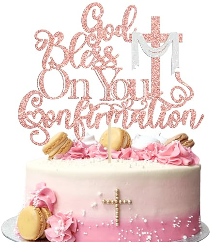 Ephlyn 1Pcs God Bless On You Confirmation Cake Topper with Cross Glitter First Communion Cake Pick for for Christening Baptism Baby Shower Birthday Party Cake Decorations Supplies Rose Gold