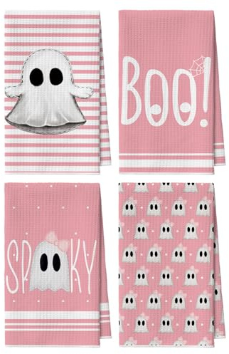 Artoid Mode Rosa Streifen Geist Halloween 42x65 cm 4er Set Geschirrtücher | Saisonal Schleife Spooky Polyester Küchentücher Handtücher Küche Dekor