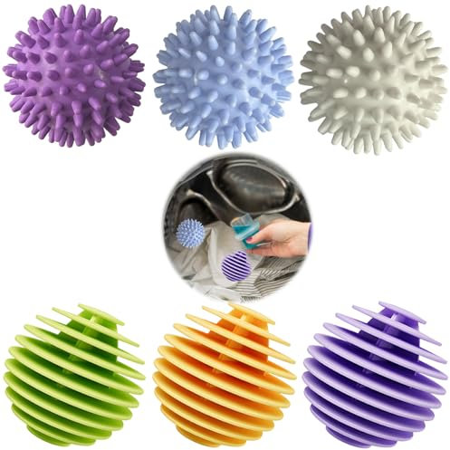 6 Pcs Tumble Dryer Balls, 3 Pcs White Blue Purple Drying Balls and 3 Pcs Random Color Balls, Laundry Balls for Tumble Dryer and Washing Machine, Reusable Dryer Balls for Soft Clothes