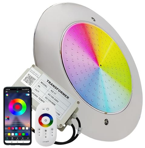 LED ATOMANT Foco de Piscina LED 12W RGB Impermeable IP68, Ø25cm, Acero Inoxidable, Montaje en Superficie, con Transformador AC 220V/12V DC y Mando a distancia Control Remoto, APP Bluetooth