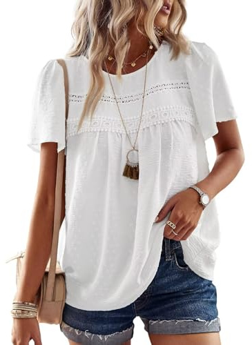 TUUHAW Top Mujer Verano Elegante Manga Corta Boho Blusa Encaje Túnica con Cuello Redondo Camisa Suelto Ropa Blanco L