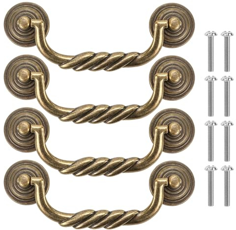 KH866 4.5'' C-C Center Drawer Pulls, 4 Pack Antique Bronze Bail Drop Swing Handles for Dresser Cabinet Knob, Vintage Style Brass Handle 114 mm (4.5 Inch) Center to Center Furniture Pulls