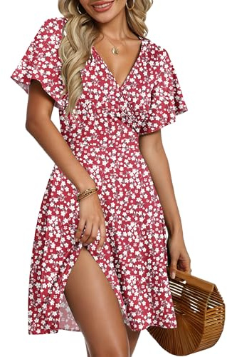AUSELILY Vestido de Verano para Mujer - Vestido Cruzado Playa con Escote en V, Manga Corta de Volantes y Estampado Floral Flores Rojas L