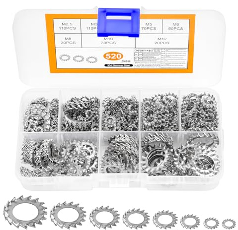 520 PcsArandelas Metalicas, Arandelas de Acero Inoxidable, Anillos de Retención, Arandelas de Seguridad Dentadas Internas, Arandela de Dientes, Arandela M2.5 M3 M4 M5 M6 M8 M10 M12