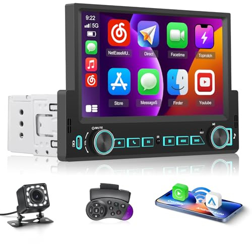 Hikity 7 1 DIN CarPlay Radio Coche con Bluetooth FM Cámara Trasera | Pantalla Táctil Android Auto Mirror Link EQ Control del Volante USB AUX