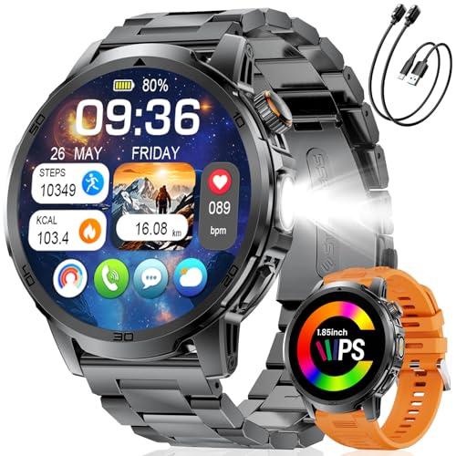 CHOOSETIME Montre Connectée Homme avec 1000mAh, LED Torche, 1,85 Grande Écran Smartwatch avec Appel Bluetooth, 100+ Sportmodi, IP68 Étanche, Fréquence Cardiaque, Moniteur de Sommeil pour iOS Android