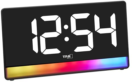 TFA Dostmann Wecker digital mit Stimmungslicht, 60.2051, Farbverlauf oder 8 Farben, 4 Helligkeitsstufen, Alarm mit Snooze, gut ablesbar, Ladefunktion, schwarz