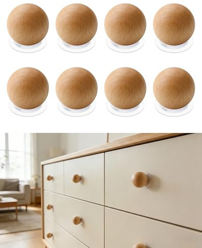 CcHhyyt 8 Pack Self Adhesive Knobs Wooden Stick On Drawer Pulls Natural Wood Cabinet Knobs Peel and Stick Handles Drill Free Round Ball Wooden Door Pull for Cupboard Closet Nursery Dressers