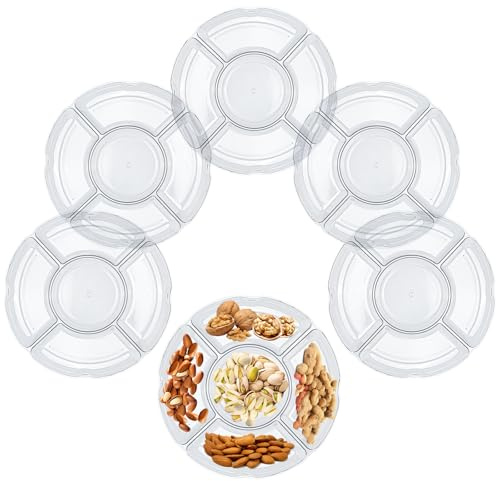 5 Pack Clear Compartment Trays With 5 Section, Reusable Plastic Trays And Platters,Plastic Divided Appetizer Tray for Relish Dishes, Party, Veggies, Nuts, Fruits, Candy, Cookies, Chip and Dip