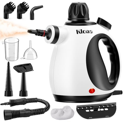 KLONA Pulitore a vapore manuale, pulitore a vapore per la casa, multiuso con 10 accessori per tappeti, tende, divani, cucina, bagno e altro ancora.