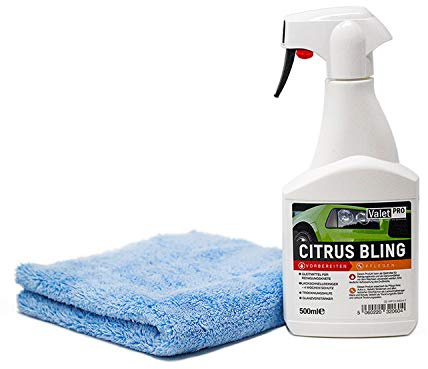 detailmate Set ValetPRO Citrus Bling 0,5 Liter Zitrus Quick Detailer Gleitmittel Glanzverstärker mit Microfiber Monkey Trocken- und Poliertuch 40x40cm, randlos, blau