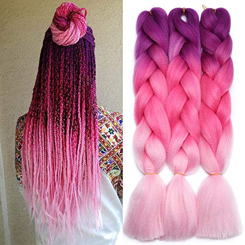 TESS Meches pour Tresses Africaine, Meche Cheveux Tresse Cheveux Rajout Meches Pour Tresses Braid Pré éTiré 300g 3 Paquets 60cm Violet/rose
