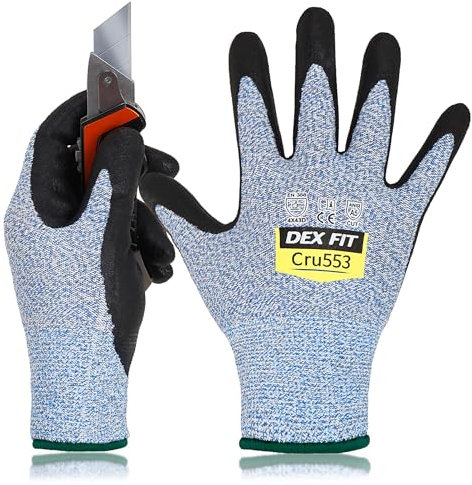 DEX FIT Level 5 Cut Resistant Gloves Cru553, 3D Comfort Stretch Fit, Power Grip, Durable Foam Nitrile, Smart Touch, Machine Washable, Thin & Lightweight, Blue 8 (M) 1 Pair