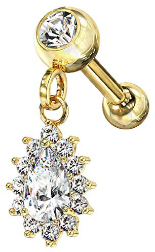 Piercingfaktor Piercing Stecker mit Glitzer Kristall Tropfen Anhänger Ohr Lippe Nasen Cartilage Tragus Helix Labret Nasenpiercing Gold Clear