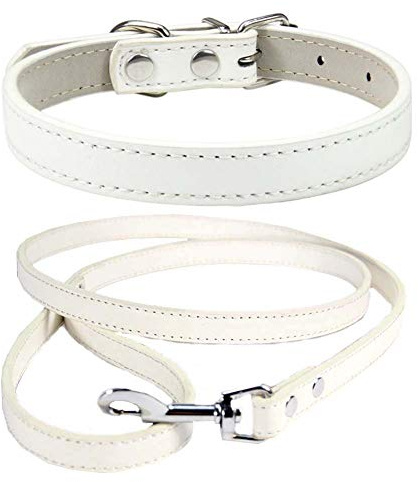 Mdurian Echtleder Leine Combo Set Einfarbiges Hundehalsband Sicher und bequem Verstellbare Halsbänder für kleine, mittlere Hunde (Weiß, L)