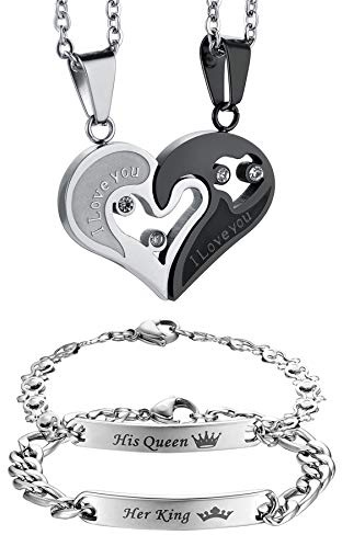 Flongo Paar-Schmuckset Partner Armbänder + Partner Halsketten Paar Geschenke Edelstahl-Halskette und -Armband Puzzle Herz Geschenke für Jahrestage, Valentinstage, Geburtstage