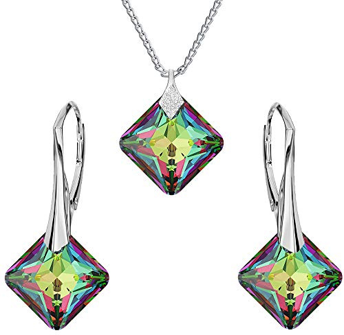 Panda-Jewellery Ohrringe Silber 925 Hängend - Kette Damen mit Anhänger - Schmuck Set für Sie - mit Kristallen in Form eines Rhombus - Ohrringe Hängend und Halskette Damen Silber 925 (Vitrail Medium)
