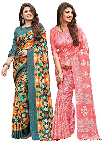 Elina fashion Confezione da due sari da donna in seta di lino stampata indiana | Diwali Gift Etnico Sari Combo, Combo 8, Taglia Unica