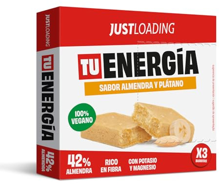 JustLoading Barritas Almendra & Plátano – 14 Estuches x 3 Barritas de 25g | Barritas veganas con proteína vegetal y alto contenido en potasio. Sin gluten ni azúcares añadidos. Snack energético.