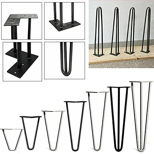 DayPlus 4 x Furniture Legs Metal Table Legs Industrial 16 inch/ 40cm 3-Rod, 10mm Cold Rolled Steel Hairpin Legs for DIY Works Coffee Bench Dinning Beside Table Black