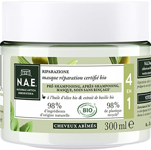 N.A.E. - Masque Cheveux Réparation 4 en 1 - Cheveux Abîmés - A l'Huile d'Olive Bio et Extrait de Basilic Bio - Soin Cheveux - Certifié Bio - 98% d'Ingrédients d'Origine Naturelle - Pot de 300 ml