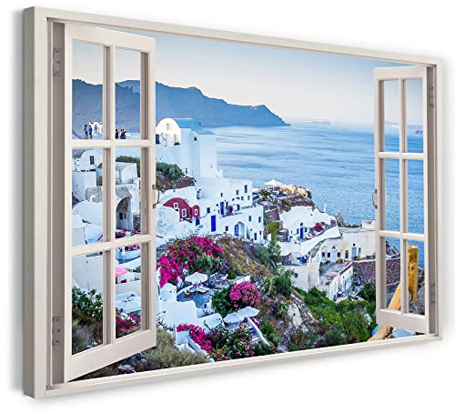 Printistico Bilder Fensterblick 60x40cm Baumwoll-Leinwand auf Keilrahmen mit Aufhänger moderner Kunstdruck XXL Wandbilder Wand-Dekoration Griechenland Weiße Gebäude Meer Klippen - Natur-Fotografie