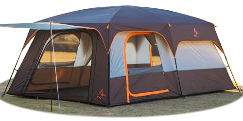 KTT Extra Large Tent 14 Person,Family Cabin Tents,2 Rooms,3 Doors and 3 Windows with Mesh,Straight Wall,Waterproof,Double Layer,Big Tent for Outdoor,Picnic,Camping,Family Gathering(Brown)