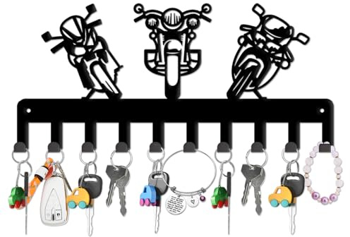 SUPERDANT 3 Cool Motorcycles Schlüsselaufhänger Dekorative Schlüsselbrett Haken Rack Aufhänger Wandhaken Schwarz Schlüsselhalter Mit 10 Haken Für Schlüsseltuch Regenschirm Hundespazierseil 25x11.5cm
