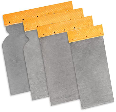 Japan Spachtel Set, 4 Stück, Federbandstahl, Klingenlängen 120, 100, 80, 50 mm, genopptes Griffstück, scharfe Unterkante, säurefest, Karosserie Spachtelsatz zum Verfüllen, Glätten, Autospachtel Kit