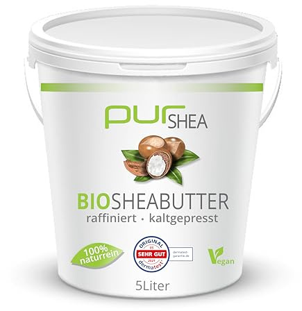 purSHEA-Bio Sheabutter 5000ml -100% Naturrein Ohne Zusätze Vegan Parfümfrei- Reine Bio-Sheabutter aus Wildsammlung -Shea Butter- Premium Qualität (A+) (Raffiniert)