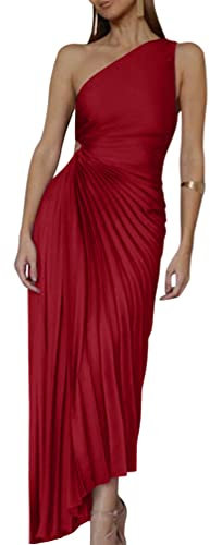 Minetom Robe de Soirée Femme Elegante Une Épaule sans Manches Plissée Party Cérémonie Mariage Demoiselle d'honneur Maxi Robe Longue Vin Rouge XL