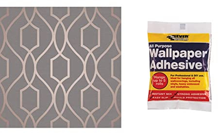 Fine Décor FD41998 UK Apex Trellis Sidewall Wallpaper, Copper/Charcoal & Everbuild All Purpose Wallpaper Paste Adhesive, Hangs Up to 5 Rolls