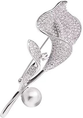 Silver Tone Crystal Calla Lilly Brooch Pearl Floral Bouquet Corsage Pin Suit Cardigan Scarf Tie Pins Wedding Bridal Jewelry Lapel Badge Pins for Women Accessory for Party Wedding