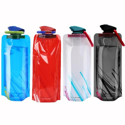 JunD Bottiglia Pieghevole, 700ML Borraccia Pieghevole Set di 4, Bottiglia d'acqua Pieghevole Flessibile, Riutilizzabile Borraccia Flessibile per Escursionismo, Adventures, Viaggi