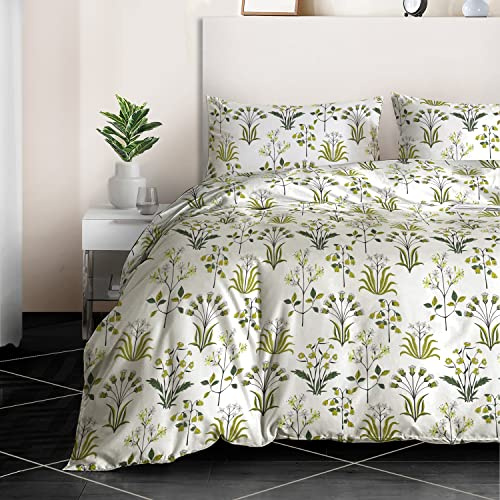 RAYBedding 3PCS Duvet Set 100% Egyptian Cotton Double Bed Set 400 Thread Count Floral Printed Fern Green Duvet Cover with Pillow Cases 2 Pack