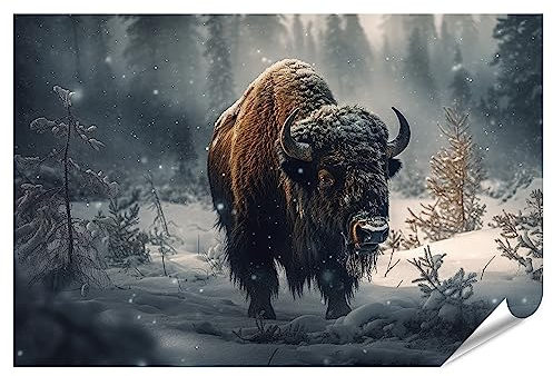 islandburner XXL Bild Poster Bison Stehend Wald Schnee Natürliche Wildtiere Premium Bilder Fotodruck JBPA-PGR