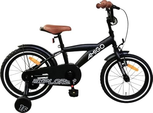 AMIGO Explorer - Kinderfahrrad - 16 Zoll - mit Handbremse, Rücktritt, Lenkerpolster und Stützräder - ab 5-6 Jahre Schwarz/Weiss