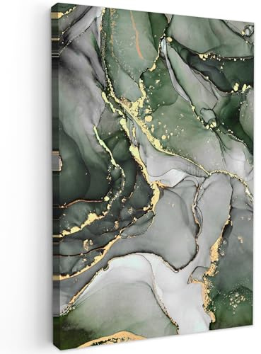 MuchoWow© Bild auf Leinwand Groß XXL Schlafzimmer Bilder Wand Goldene Deko | 80x120 cm - Wohnzimmer Modern Wanddeko Bilderwand Geschenk Marmor - Grün - Gold