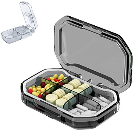 Tablettenbox Pillendose Klein 6 Fächer,Reise Pillen Organizer Tragbare Pillenbox Fächer Feuchtigkeitsfest Medikamentenbox Kleine Pillendose für Taschengeldbörse (Schwarz)