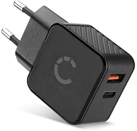 CELLONIC Cargador universal con puertos USB C y USB A de color negro - Adaptador de corriente USB C de 20 W + USB QC3.0 compatible con iPhone, iPad, Huawei, Phone, Tablet, Switch, PSP, GPS y mucho más