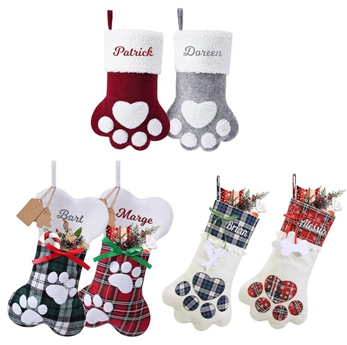 papasgix Weihnachtsstrumpf Personalisiert 40cm Hund Gestrickt Bestickte Nikolausstrumpf mit Namen Weihnachtssocken Kamin Hängenden Strumpf für Feiertags Familienparty Dekoration (2er Bunt Knochen)