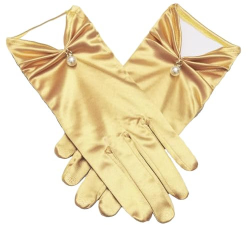 iSpchen Kurze Satin Handschuhe Perle Hochzeit Handschuhe Retro Kurze Handschuhe Bankett Kleid Handschuhe Elegant Brauthandschuhe für Hochzeits Opern und Abendessen,Gold