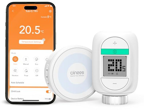 Winees Smart Heizkörperthermostat Kit, 1 SubG Hub+ 1 WLAN Heizungsthermostat, mit Zeitplan, Fern-/Sprachsteuerung, Heizungsthermostat Kompatibel mit App, Alexa & Google Assistant