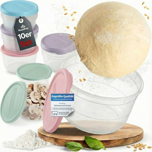 RoyalFay® Pizzaballenbox Piccolo 10er Set – Gärboxen mit Deckel – lebensmittelechte Mealprepbox für Pizzateigballen & Zutaten – stapelbar, BPA-frei & Made in EU (bunt)