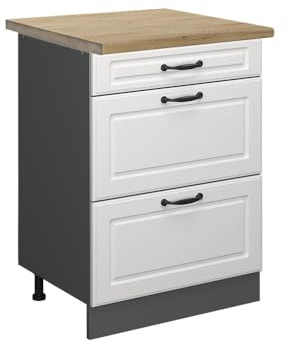Vicco Küchenunterschrank R-Line, Weiß Landhaus, 60 cm | MDF-Front · AP Eiche inkl. · Höhenverstellbare Füße · Metallgriffe · ✓ Frei kombinierbar